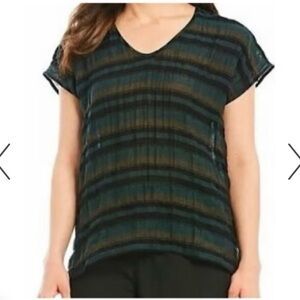 Eileen Fisher Womens Nori Striped Organic Cotton Gauze Top Green Black Sz S/M